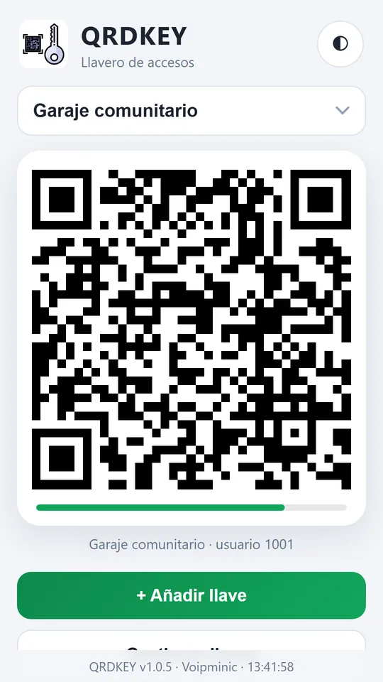La app QRDKEY mostrando el QR dinámico de la llave de un garaje