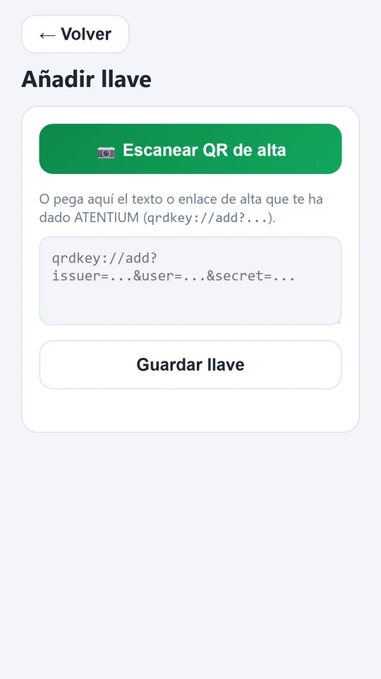 Alta de una llave escaneando un QR o pegando el enlace
